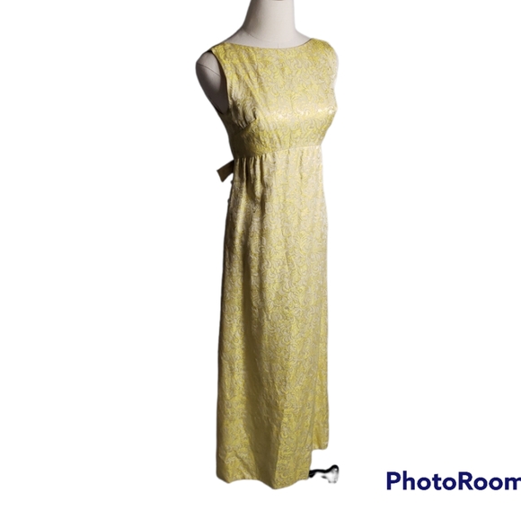 Vintage 60's Gold Jacquard Maxi Wrap Back Rheinstone Bow Pockets Evening Gown - Picture 5 of 12